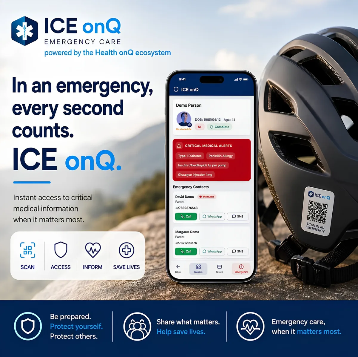 ICE onQ Emergency Care, powered by the Health onQ ecosystem: a phone showing critical medical alerts and emergency contacts, beside a helmet carrying an ICE onQ QR code sticker.